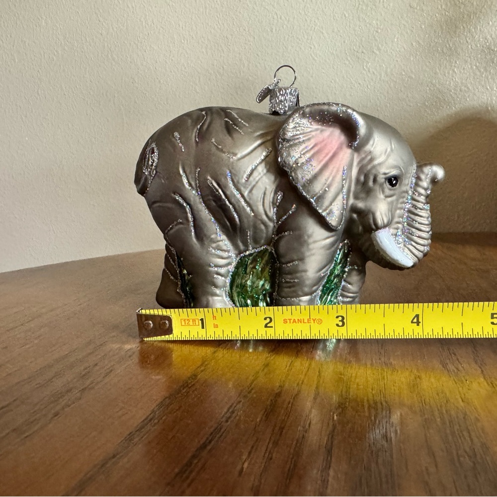 Gray Elephant Glass Ornament with Green Accents